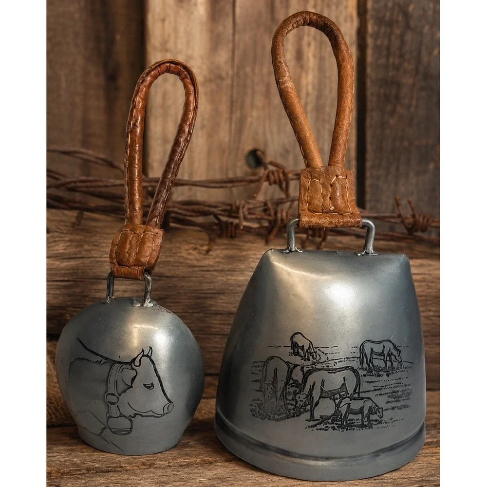 2 Silver Pewter ? Cow Bull Horse Bells Etched Rustic Design w/Leather Straps
